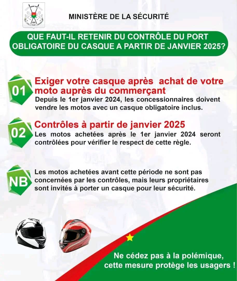 NOTE RÉSUMÉE DU MINISTÈRE SUR LE CONTRÔLE DU PORT OBLIGATOIRE DU CASQUE A PARTIR DE JANVIER 2025 