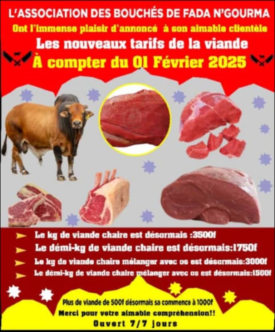 L'Association des Bouchers de Fada N'Gourma annonce une augmentation des prix de la viande